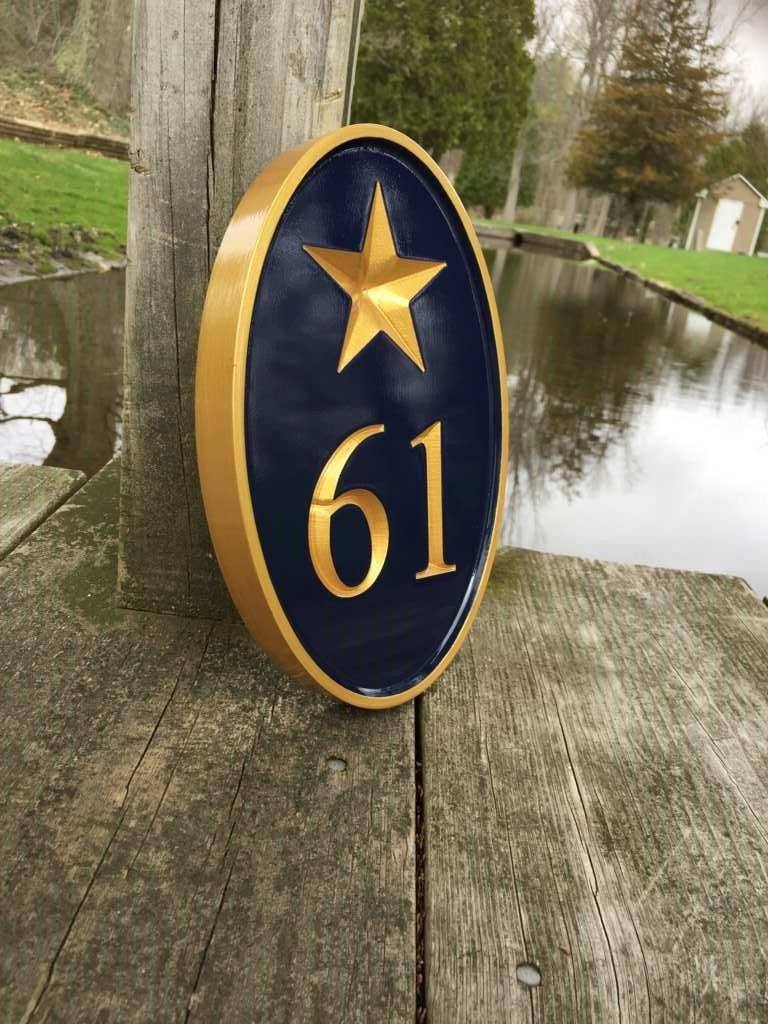 Carved Street Address plaque - House number with Star or other stock image (A174) - The Carving Company