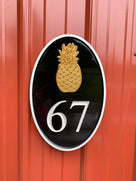 Oval house number sign with number 67 and pineapple