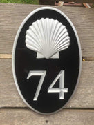 House number sign with Realistic Scallop Shell - Carved Street address marker (A169) - The Carving Company