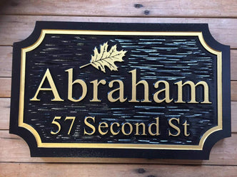 Custom Carved Family Name and Address sign with Oak Leaf or other image (LN59) - The Carving Company front view
