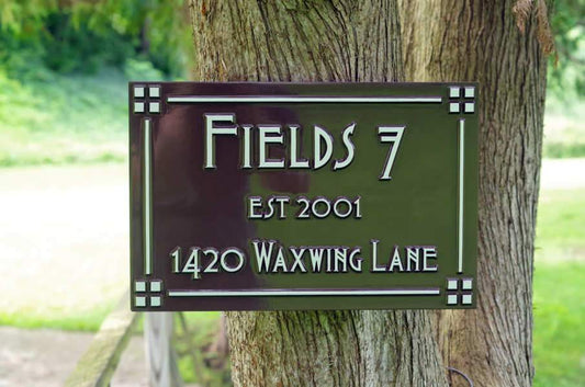 Custom Carved Family Name Sign with street address - Craftsman style (LN56) - The Carving Company close up front view
