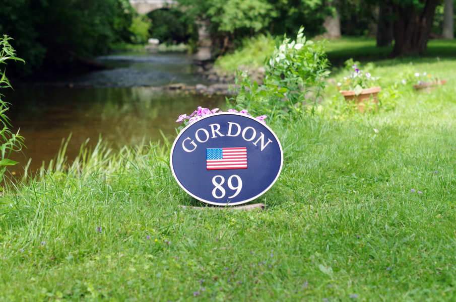 Patriotic American Flag with Last Name and House Number Sign (LN58) - The Carving Company front view