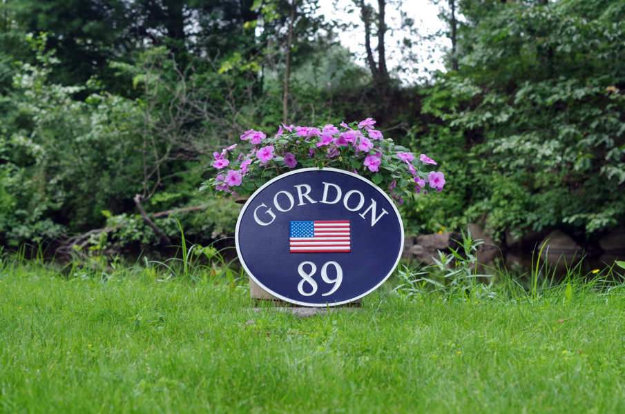 Patriotic American Flag with Last Name and House Number Sign (LN58) - The Carving Company front view2