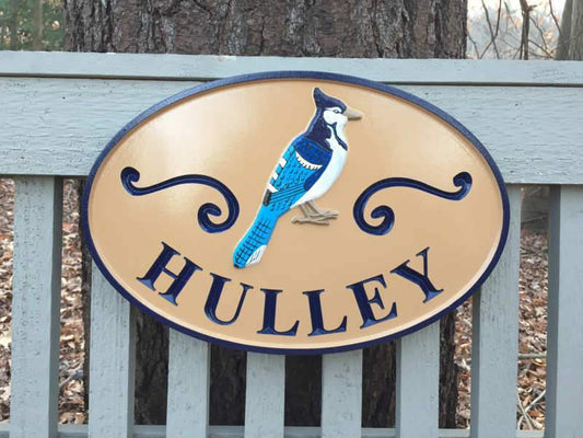 Personalized Last Name Entrance Sign With Blue Jay or other bird - Custom Carved Signs (LN23) - The Carving Company