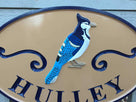 Personalized Last Name Entrance Sign With Blue Jay or other bird - Custom Carved Signs- close up view (LN23) - The Carving Company