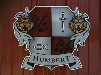 Custom carved and painted Humbert family crest