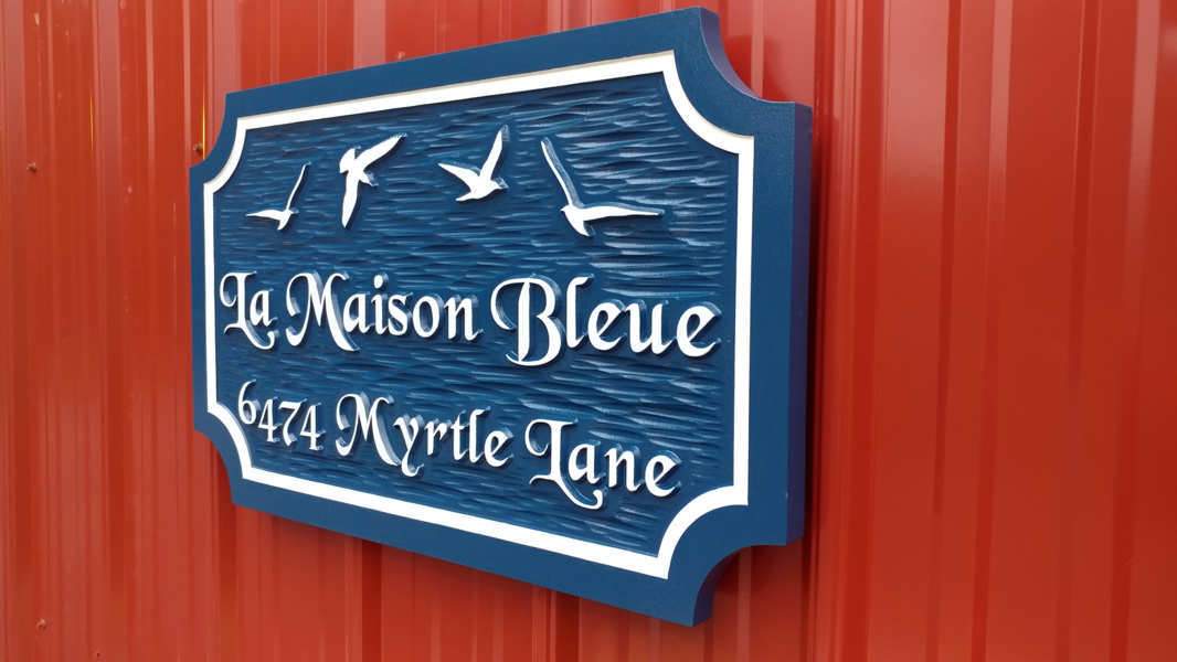 Custom Carved Estate Name sign with Seagull or other images - Beach theme (LN57) - The Carving Company close up iso view4