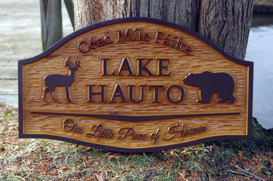 Cedar carved camp sign with buck and bear