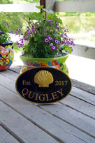 Custom Carved Last name sign with Realistic Scallop Shell and Established Year (LN61) - The Carving Company front view
