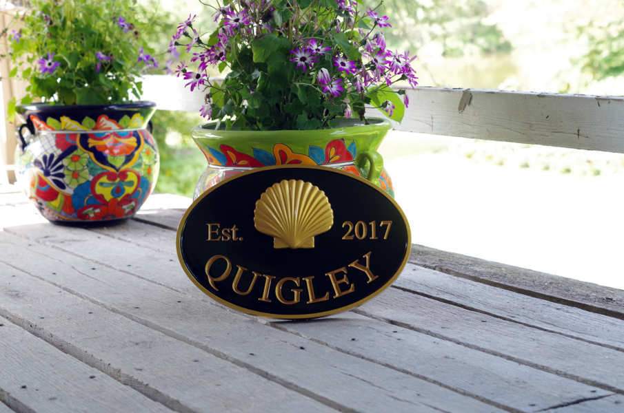Custom Carved Last name sign with Realistic Scallop Shell and Established Year (LN61) - The Carving Company distant front view