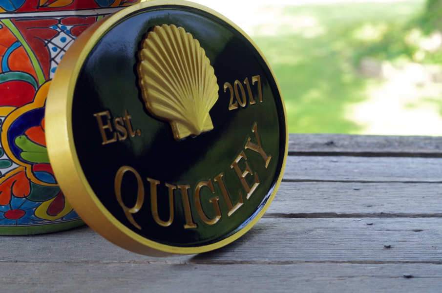 Custom Carved Last name sign with Realistic Scallop Shell and Established Year (LN61) - The Carving Company iso view