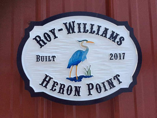 Carved Address plaque with Last Name and blue heron - front view (A111) - The Carving Company