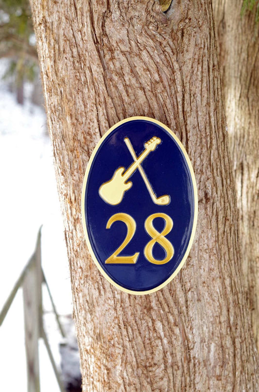 Any color Carved House number with electric guitar and golf club, or other image (A144) - The Carving Company