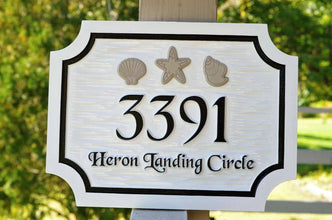 Custom Beach Address sign with sea shells and starfish (A136) - The Carving Company