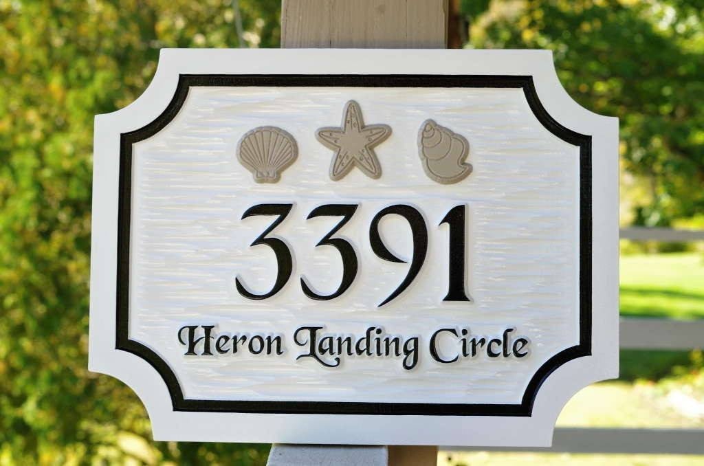 Custom Beach Address sign with sea shells and starfish (A136) - The Carving Company