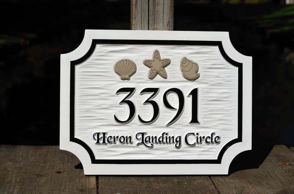 Custom Beach Address sign with sea shells and starfish (A136) - The Carving Company