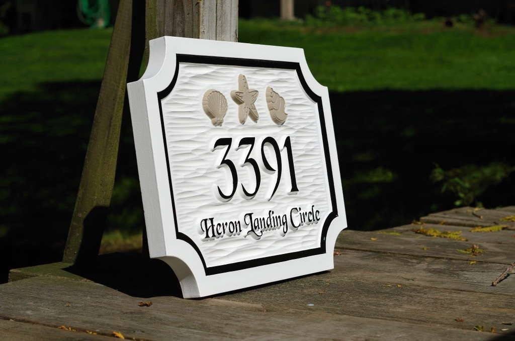 Custom Beach Address sign with sea shells and starfish (A136) - The Carving Company