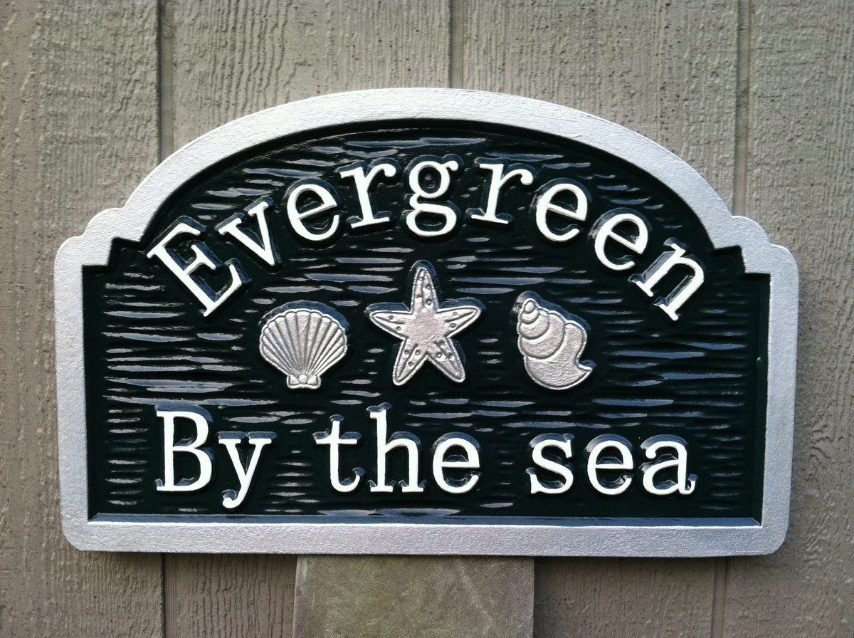 Custom Beach Address sign with sea shells and starfish (S13) - The Carving Company