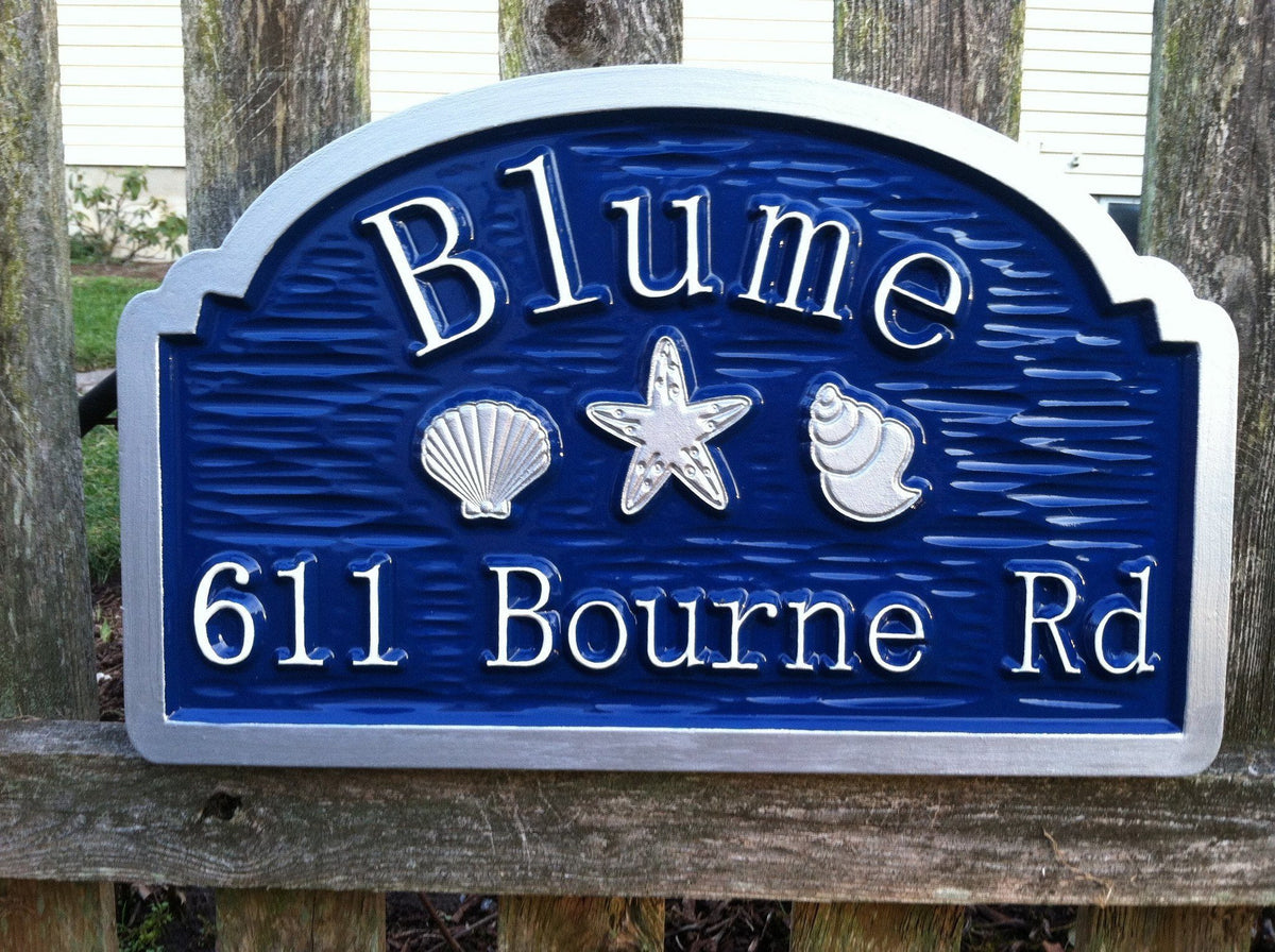 Custom Beach Address sign with sea shells and starfish (S13) - The Carving Company