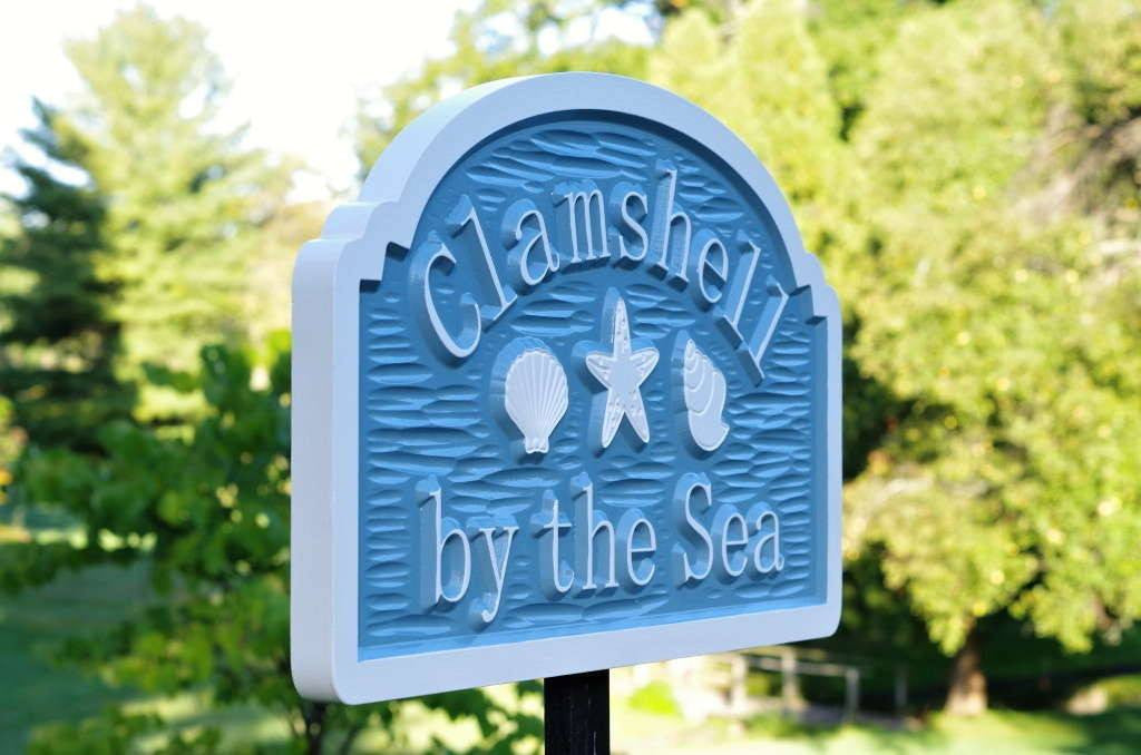 Custom Beach Address sign with sea shells and starfish (S7) - The Carving Company