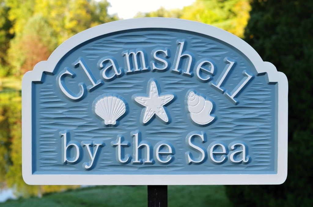 Custom Beach Address sign with sea shells and starfish (S7) - The Carving Company