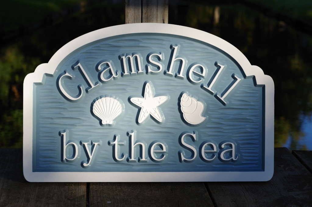 Custom Beach Address sign with sea shells and starfish (S7) - The Carving Company