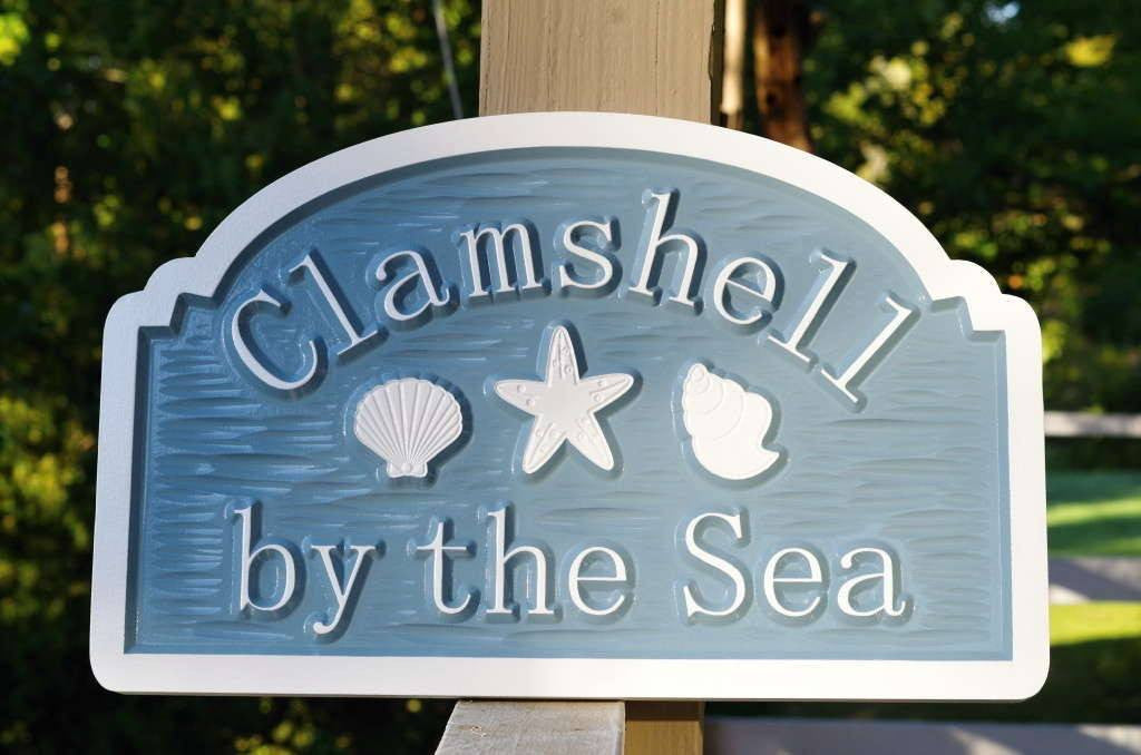 Custom Beach House sign with sea shells and starfish (S5) - The Carving Company