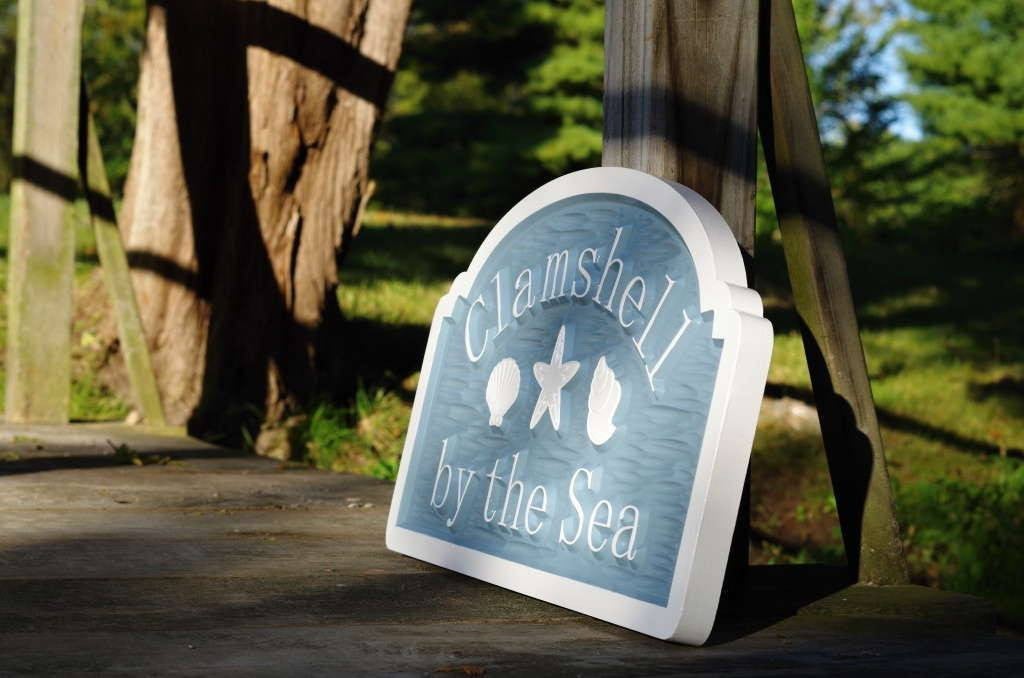 Custom Beach House sign with sea shells and starfish (S5) - The Carving Company