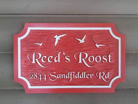 Custom Carved Family Name and Address sign with Seagull Beach theme (LN34) - The Carving Company