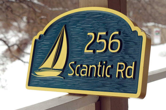 Address Sign with Street or Family Name and Sailboat Image (A135) - The Carving Company