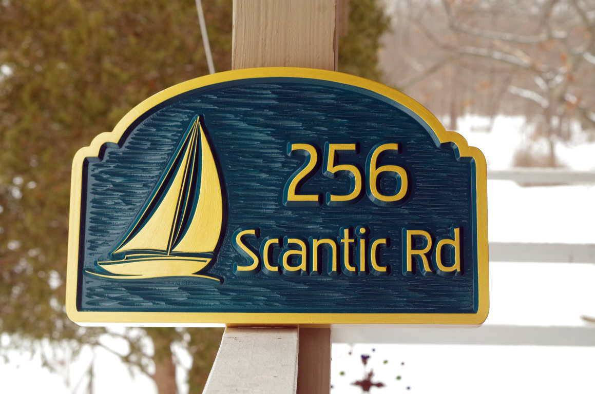 Address Sign with Street or Family Name and Sailboat Image (A135) - The Carving Company