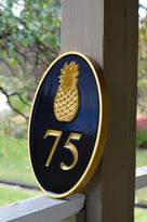 Any color Carved House number with gold pineapple on black background iso view