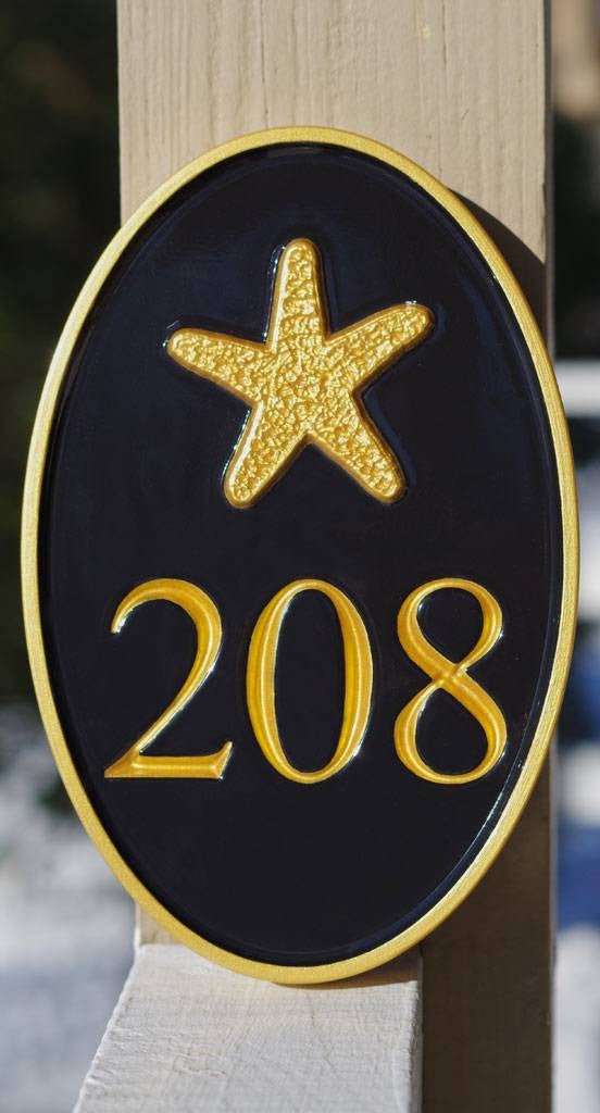 Any color Carved House number with starfish, or other image (A72) - The Carving Company