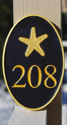 Any color Carved House number with gold starfish front view