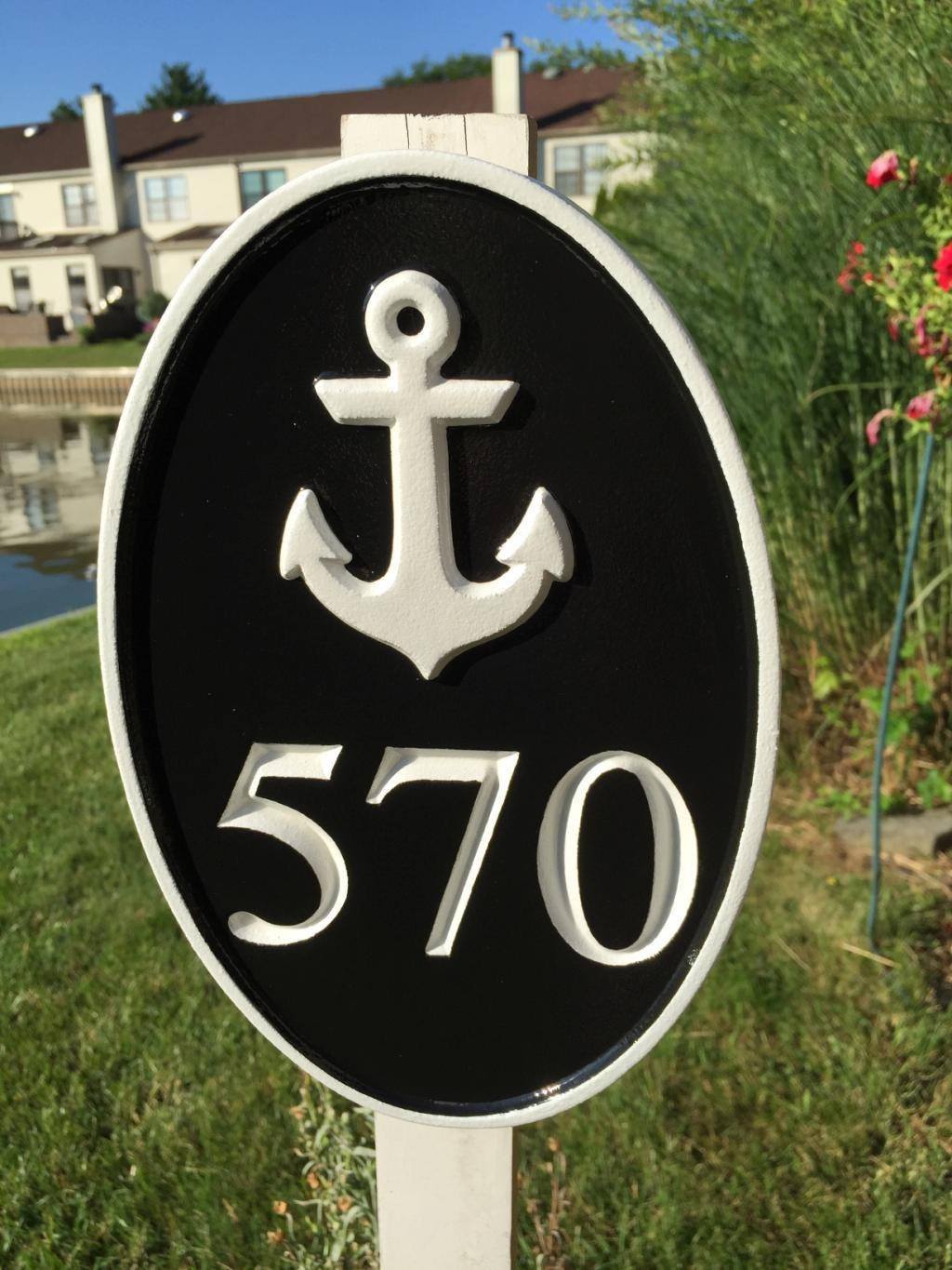 Carved Road Address plaque - House number with anchor or other stock image (HN1) - The Carving Company close up front view