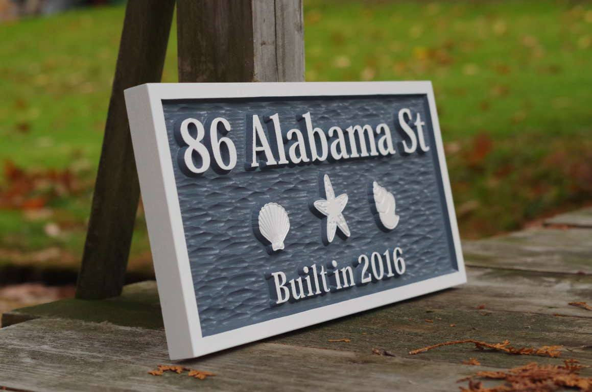 Carved Street Address plaque with beach theme (A22) - The Carving Company