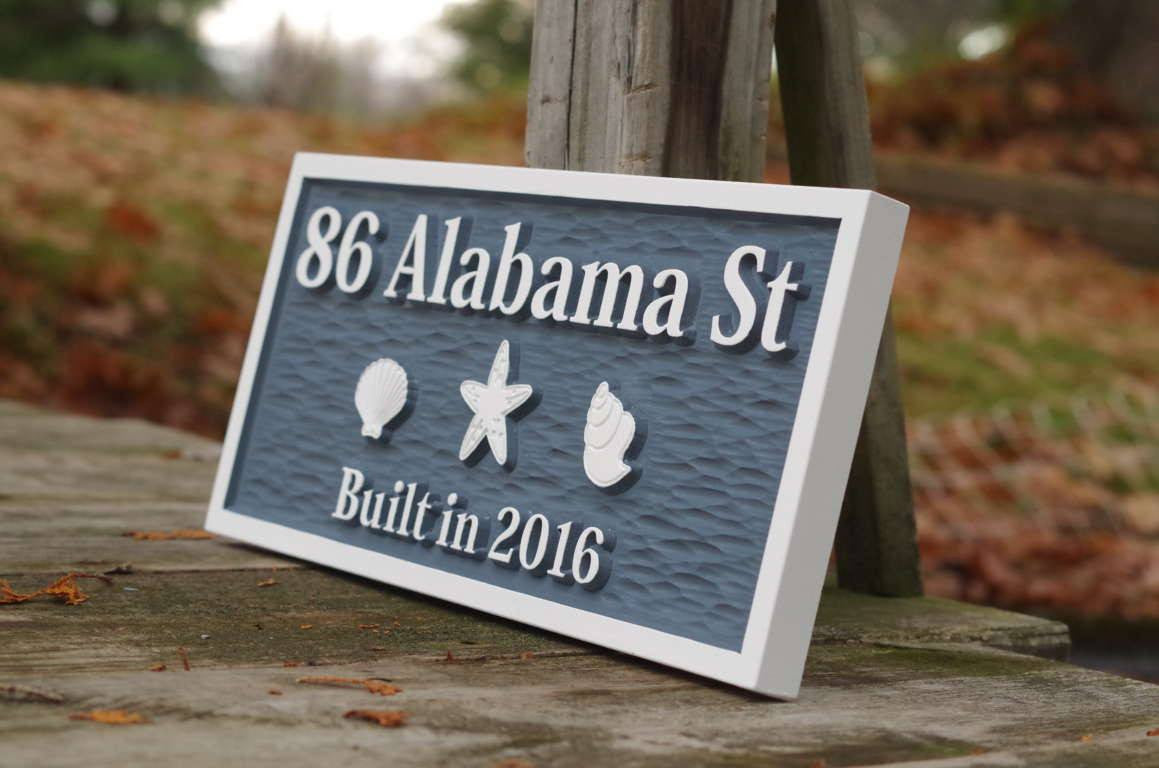 Carved Street Address plaque with beach theme (A22) - The Carving Company