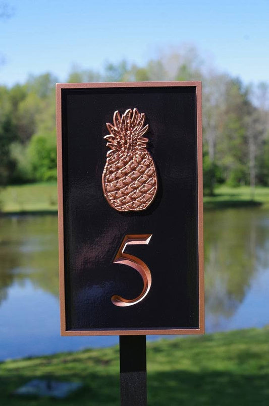 Carved Street Address plaque / House number with pineapple or other symbol (A105) - The Carving Company