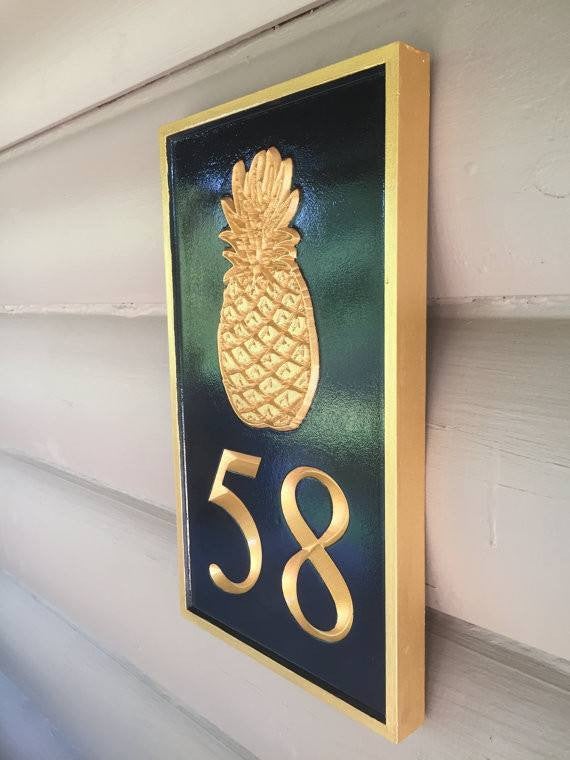 Carved Street Address plaque / House number with pineapple or other symbol (A105) - The Carving Company