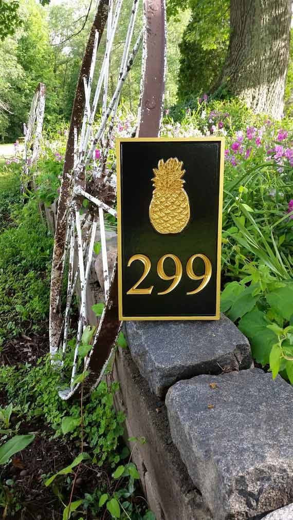 Carved Street Address plaque / House number with pineapple or other symbol (A105) - The Carving Company