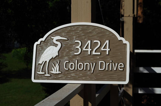 Address Sign with Family Last Name and Heron Image (A132) - The Carving Company