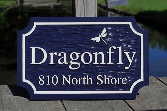 Custom Carved Family Name and Address sign with Dragonfly or other image (LN47) - The Carving Company