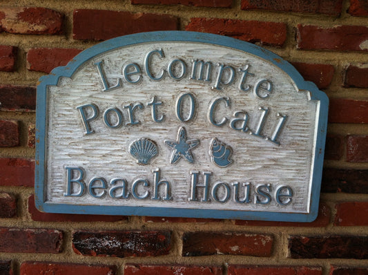 Custom Distressed Beach Address sign with sea shells and starfish (S6) - The Carving Company