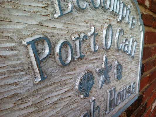 Custom Distressed Beach Address sign with sea shells and starfish (S6) - The Carving Company