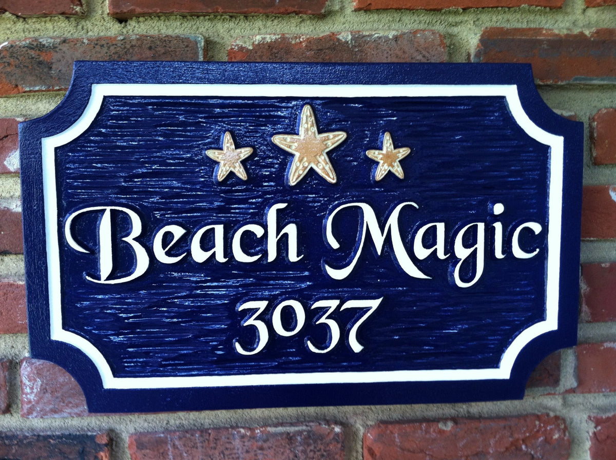 Custom Carved Address sign with Starfish - Beach theme (S1) - The Carving Company