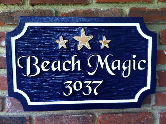 Custom Carved Address sign with Starfish - Beach theme (S1) - The Carving Company