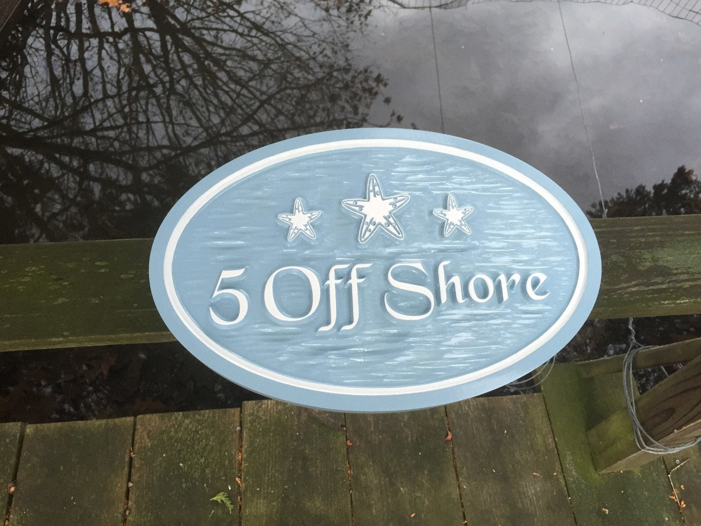 Beach themed Oval Street Address with 3 Starfish (S10) - The Carving Company