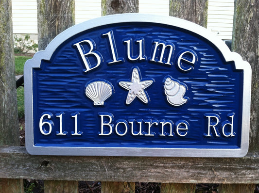 Custom Beach Address sign with sea shells and starfish (S7) - The Carving Company