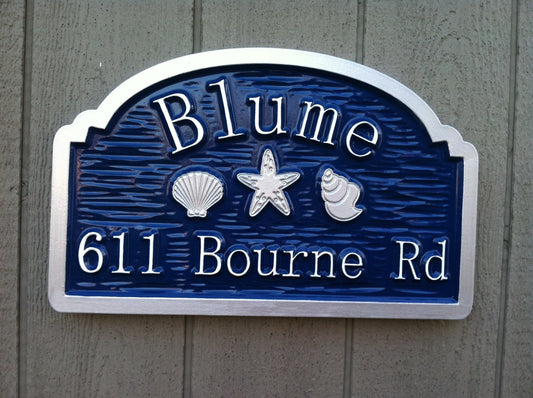Custom Beach Address sign with sea shells and starfish (S7) - The Carving Company