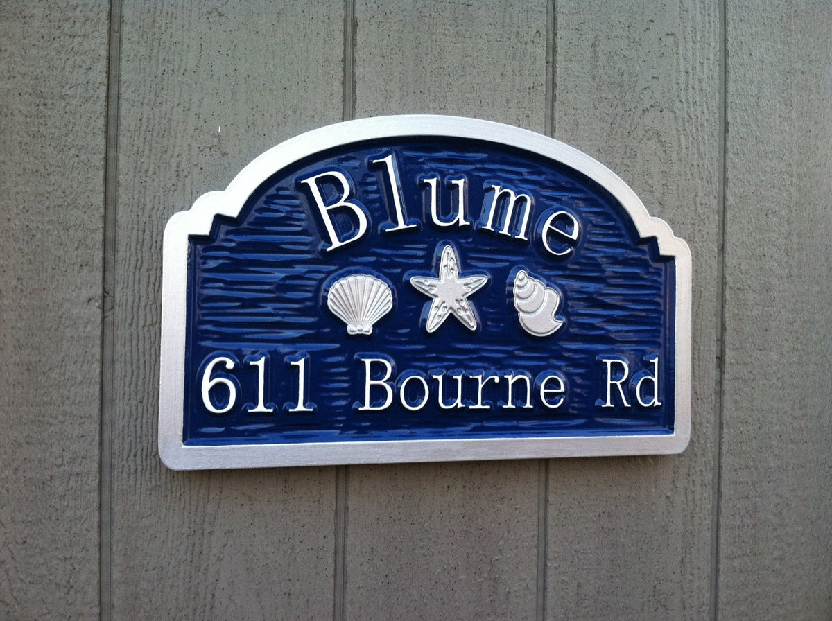 Custom Beach Address sign with sea shells and starfish (S7) - The Carving Company